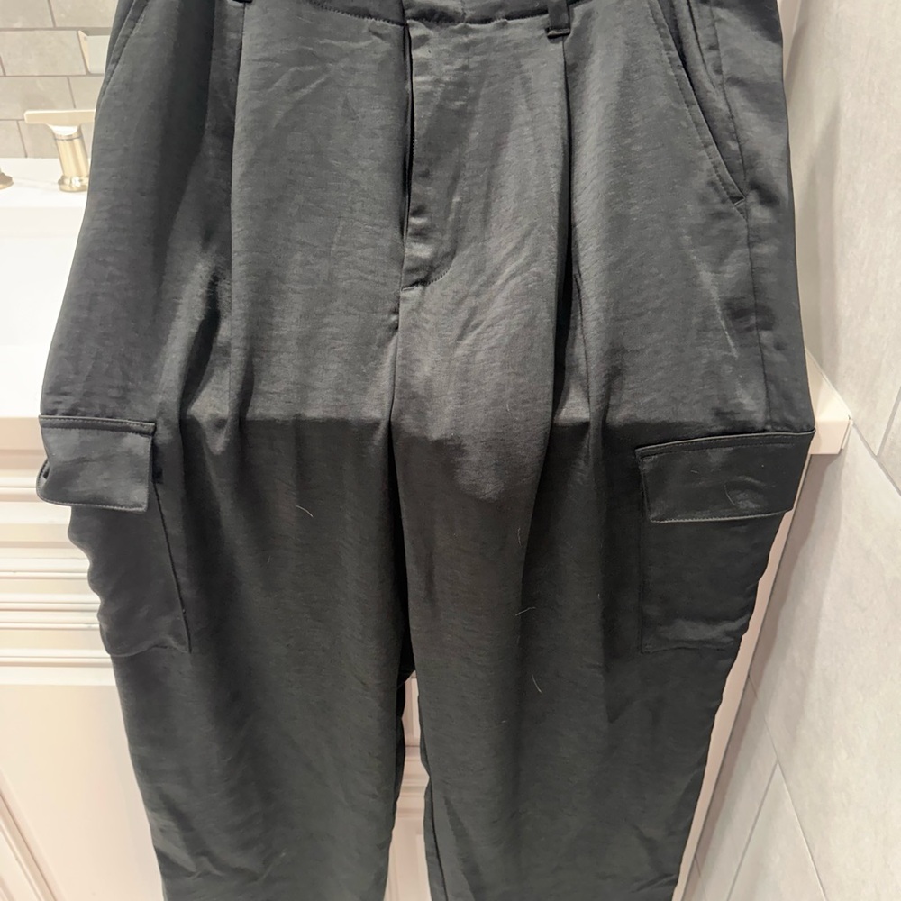 Ladies Satin Black Cargo Pants